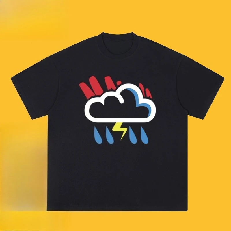 

American Trendy Brand Premium Lightning Rain Printing Short-sleeved T-shirt Couple Pure Cotton Loose and Versatile Top