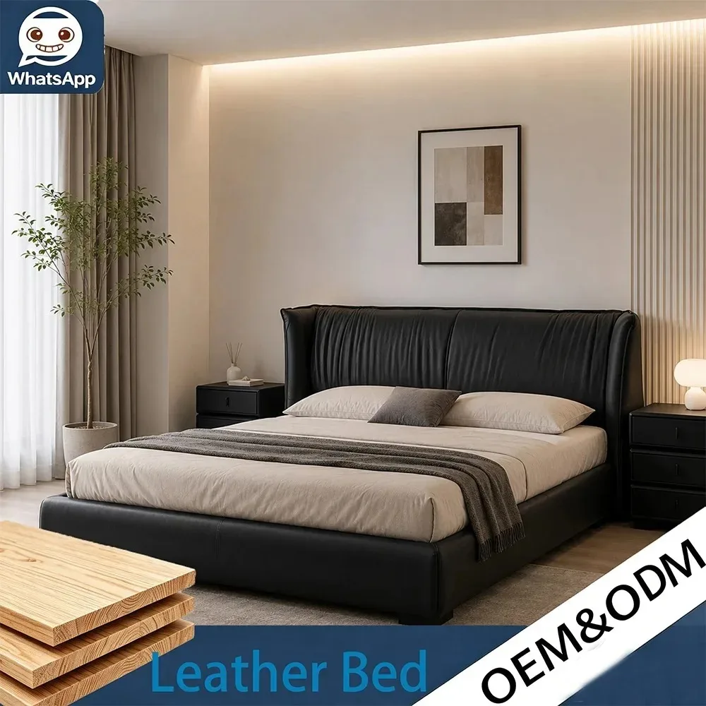 Modern Luxury Minimalist Bedroom Bed Black Tufted Leather Platform Bed Durable Spliced Headboard Stable Integrated Bed Frame