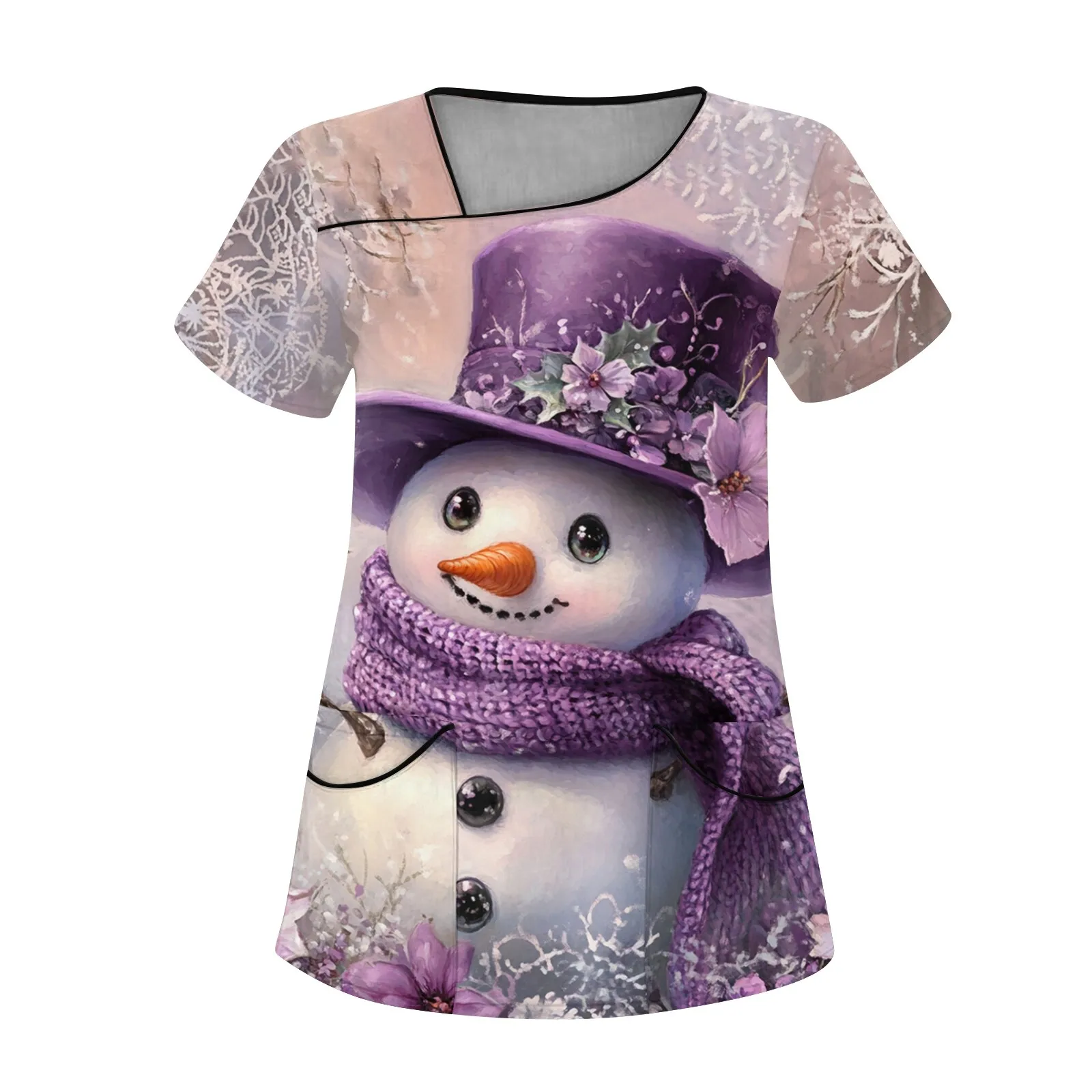 Sanitary Uniform Woman Cute Snowman Prints V-Neck Short Sleeve Pockets in Micro-Elastic Material Tops Clinical Uniforms Woman