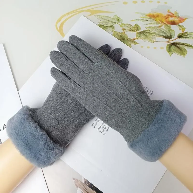 Fashion Women Winter Warm Suede Leather Touch Screen Glove Female Faux Rabit Fur Embroidery Plus Velvet Thick Driving Gloves