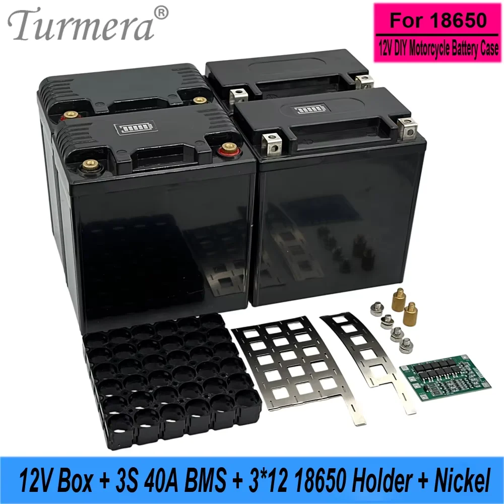 Turmera 12V 20Ah to 42Ah Motorcycle Battery Storage Empty Box 3X12 18650 Holder 3S 40A BMS Weld Nickel for Replace 12V Lead-Acid