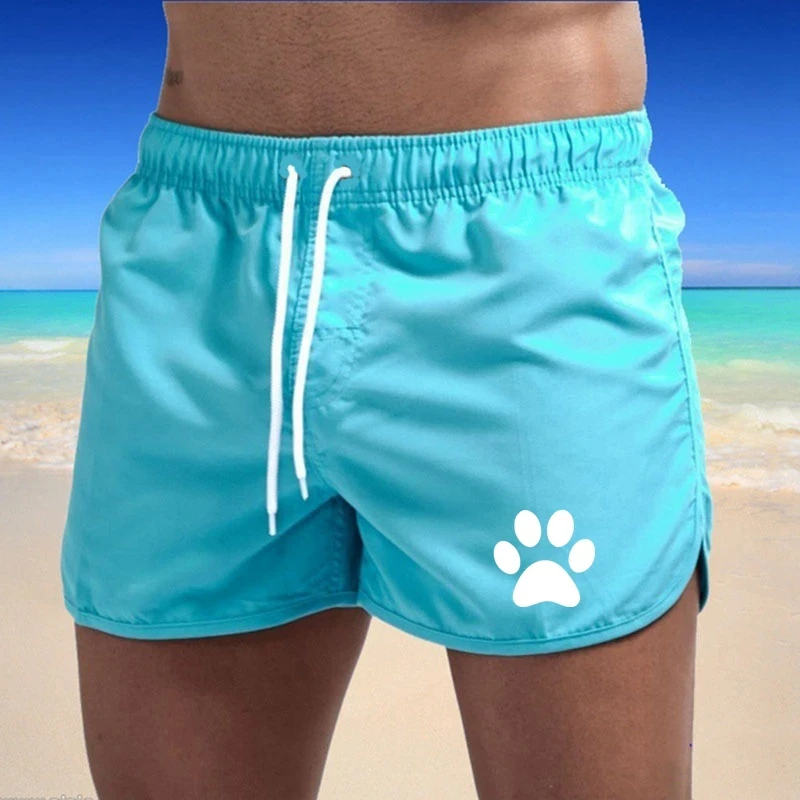 Summer New Men\'s Sports Leisure Breathable Fitness Drawstring Quick Dry Loose Men\'s Beach Pants Solid Color Shorts Dog Paw Print