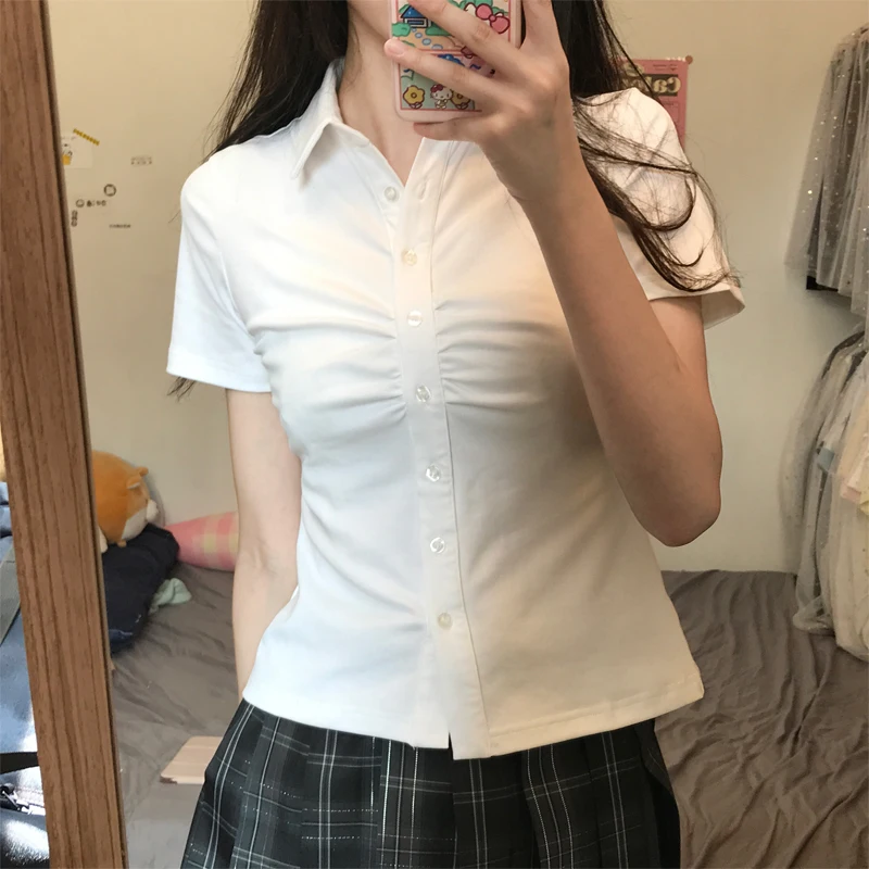 

Оригинальный дизайн Elastic Waist ort Sve White irt для женщин Summer Jk orm School Sle Button up Slim Fit irt