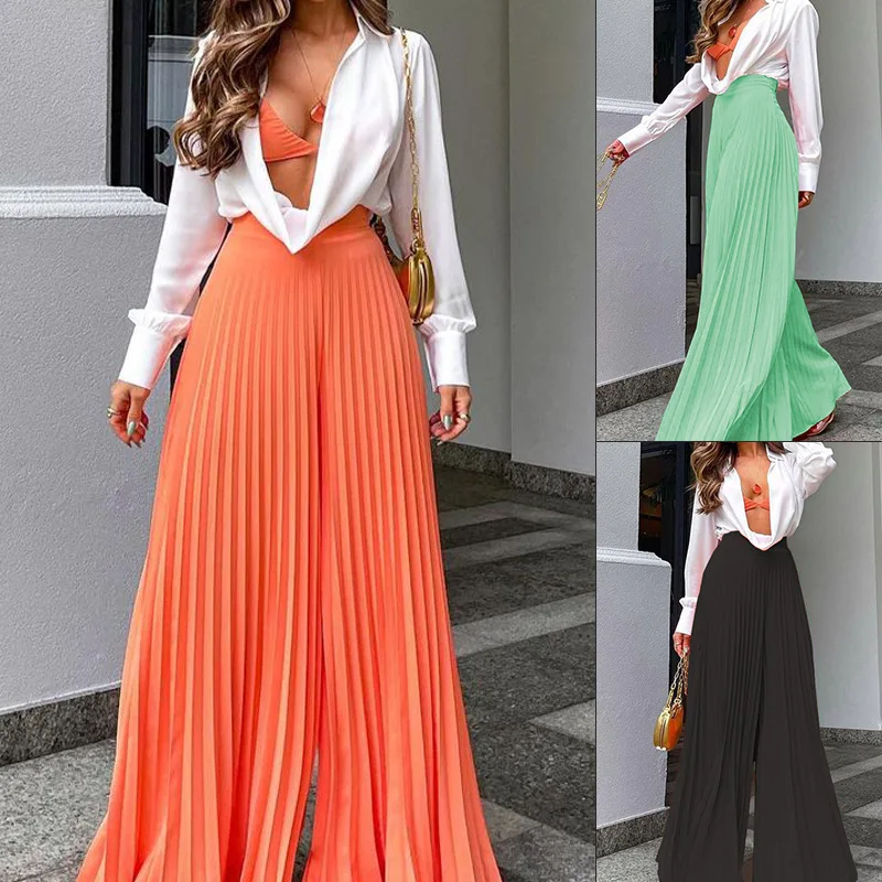 

2023 Pleated Chiffon Wide-leg Pants Women New Solid Color Wide Leg Pants Casual Black Female High-waist Straight Women's Pant