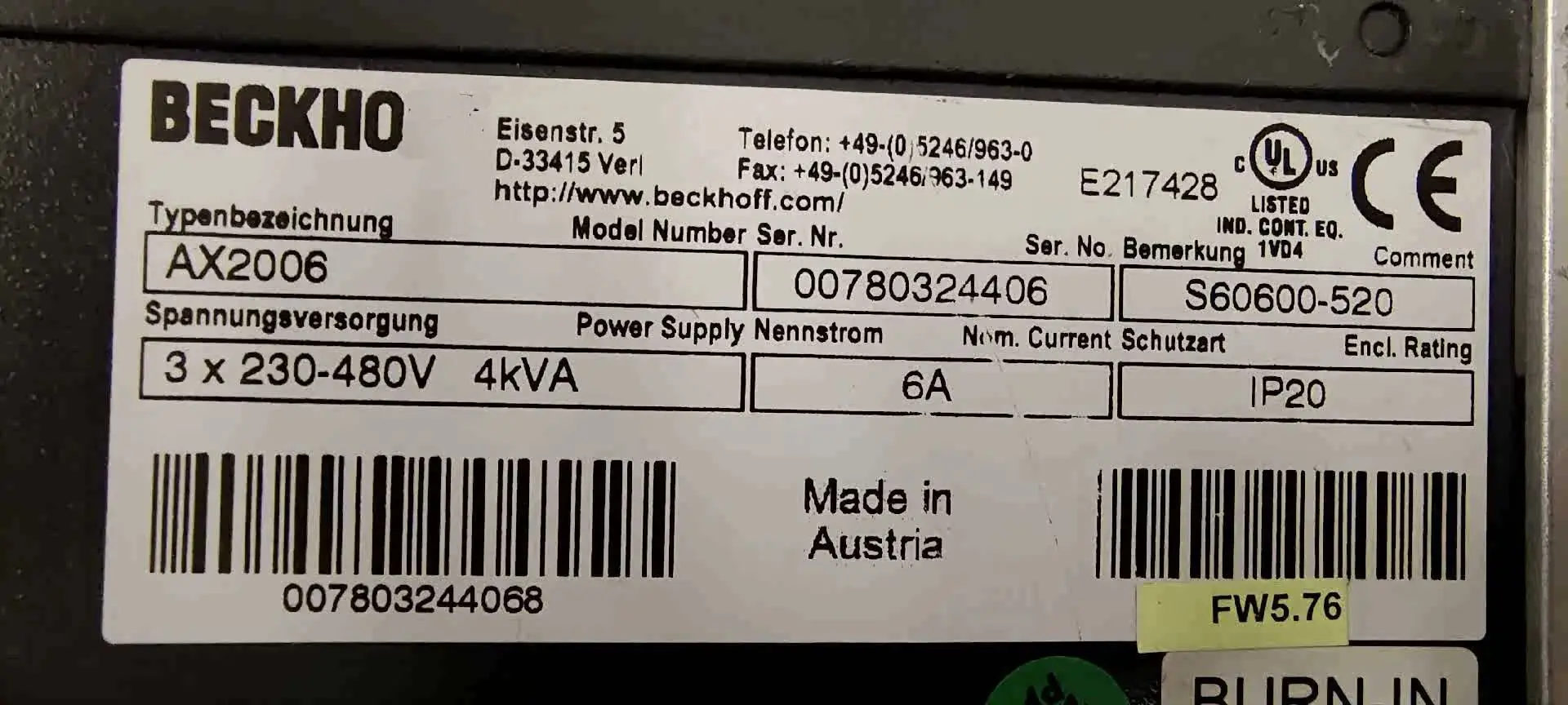 Сервопривод AX2006 S60600-520 для Beckhoff