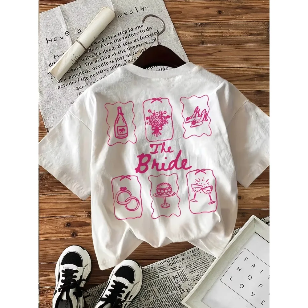 The Bride Pink Cotton Print Graphic T-Shirt Mother Daughter Matching Tee Summer Wedding Party Harajuku White Tops Men Women Kids