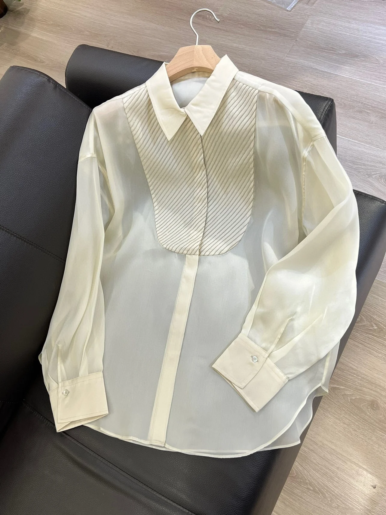 Summer B*C Women\'s Shirt Silk Sequins Turn-Down Collar Long-Sleeved Blouse Female Top\'s Woman\'s Clothing