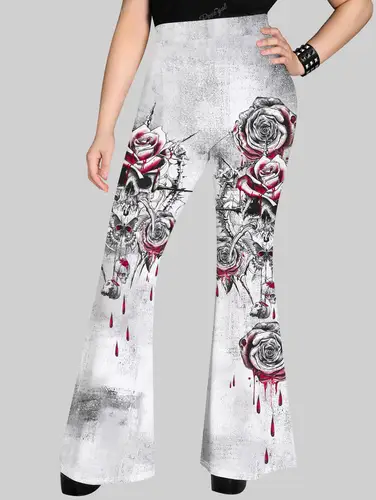 Imagen 2 del producto ROSEGAL-Pantalones acampanados estampados góticos de talla grande para mujer, pantalones completos con gráfico 3D, pantalones holgados informales con cintura elástica para primavera y verano