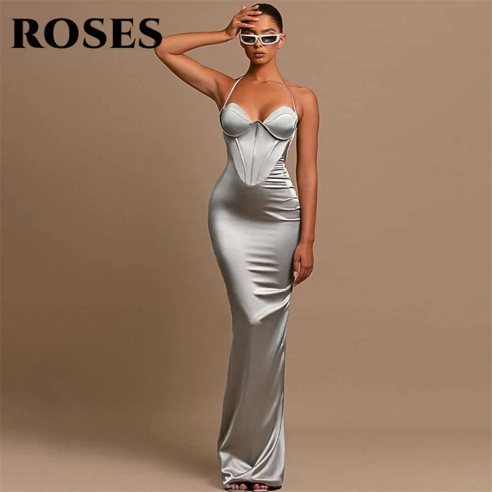 

ROSES Silver Halter Evening Dress Mermaid Sleeveless Satin Party Dress with Pleat Satin Backless 프롬드레스 Prom Dress