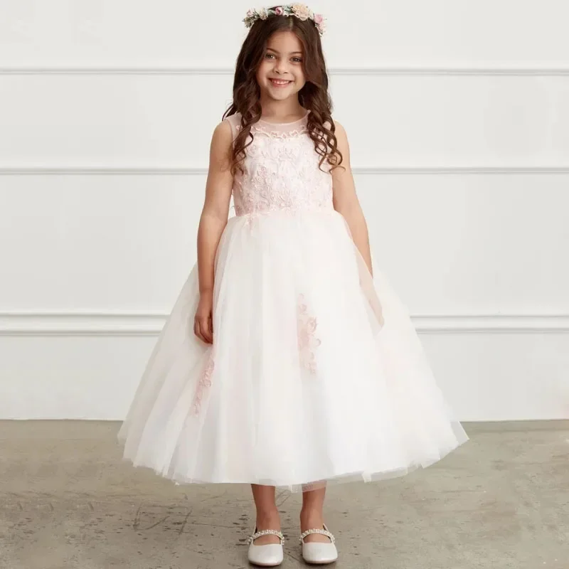 فساتين فتاة الزهور المخصصة بنمط المزهرة باللون الأزرق السماوي مع شريط بدون أكمام لحفلات الزفاف وأعياد الميلاد وحفلات الأميرة