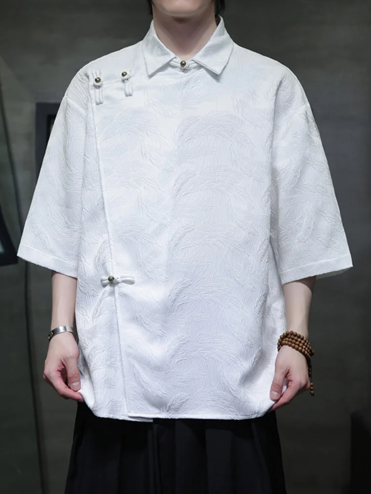 

Новая мужская летняя рубашка в китайском стиле с коротким рукавом, дышащая, тонкая, из хлопка и полиэстера, с цветочной вышивкой, на медных пуговицах, в стиле Тан.