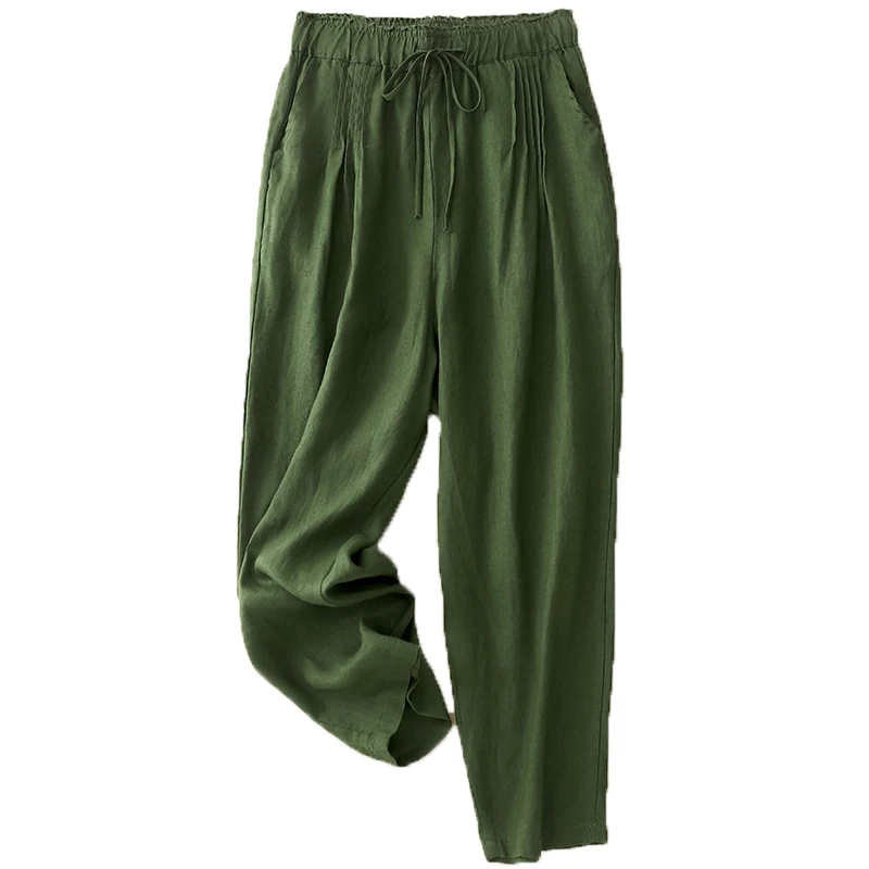 الرجعية مطوي اللون القطن الكتان سليم صالح عارضة السراويل مرونة الخصر السراويل الطويلة ل زائد حجم النساء لباس غير رسمي