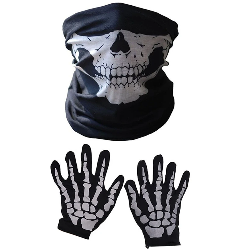 Halloween Skeleton Gloves and Skull Face Mask Set Indoor Outdoor Party Face Cover Scary Horror Props Gift