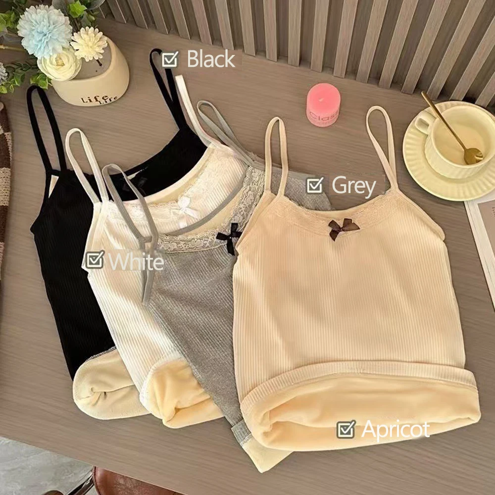 Warmer Tops For Women Female Sexy Slim Camisole Lace Butterfly Knot Design Tank Tops Sweet Crop Top Women's Thermal Underwear
