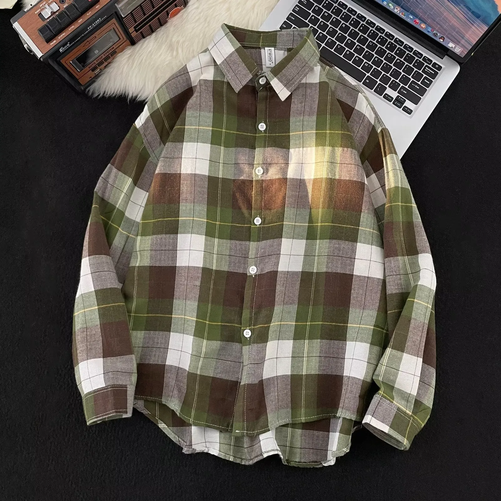 

Men's Trendy Casual Plaid Shirt Lightweight Long Sleeved Lapel Shirt Bodysuit Short Romper