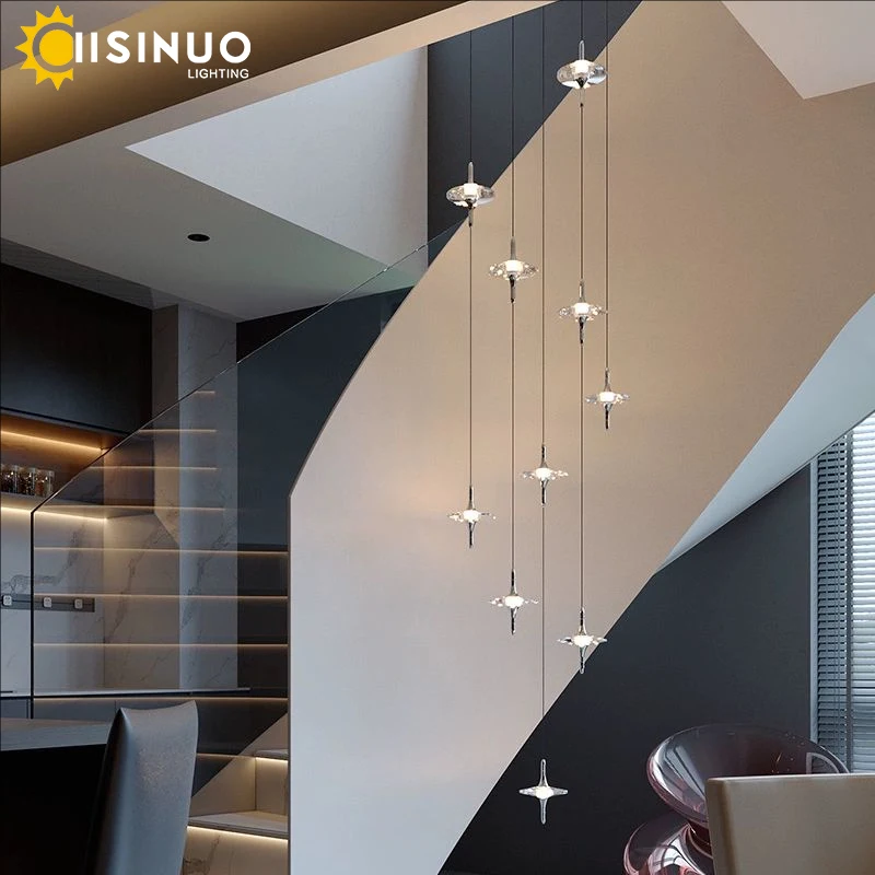 

Роскошная хрустальная лестничная люстра с несколькими головками, светодиодный потолочный светильник в стиле НЛО, регулируемый кабель для лофта, высокий потолок, офиса отеля