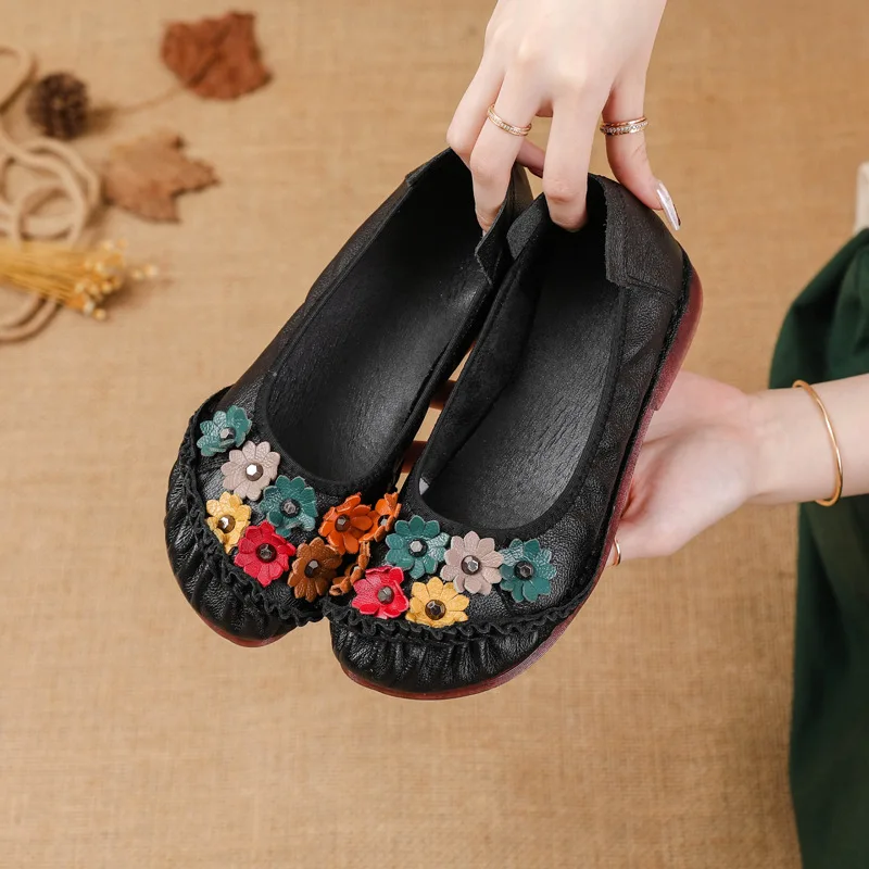 2024 New Women Flats Handmade Casual Women Shoes Woman Flower Genuine Leather Flat Shoes Ballet Flats Women Loafers