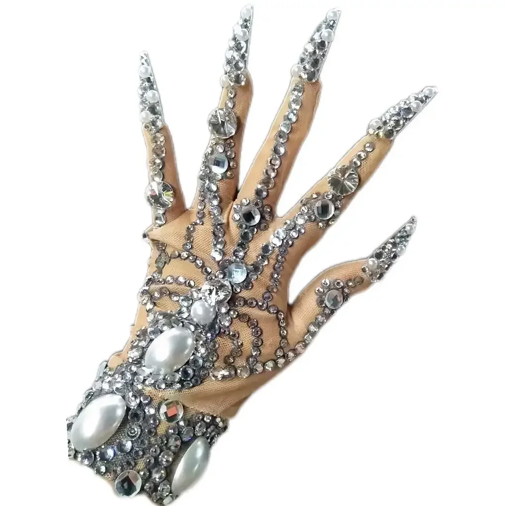 Sparkly Big Crystal Wrist Gloves Stretch Rhinstones Gloves Dancer Singer Nightclub Performance Stage Wear