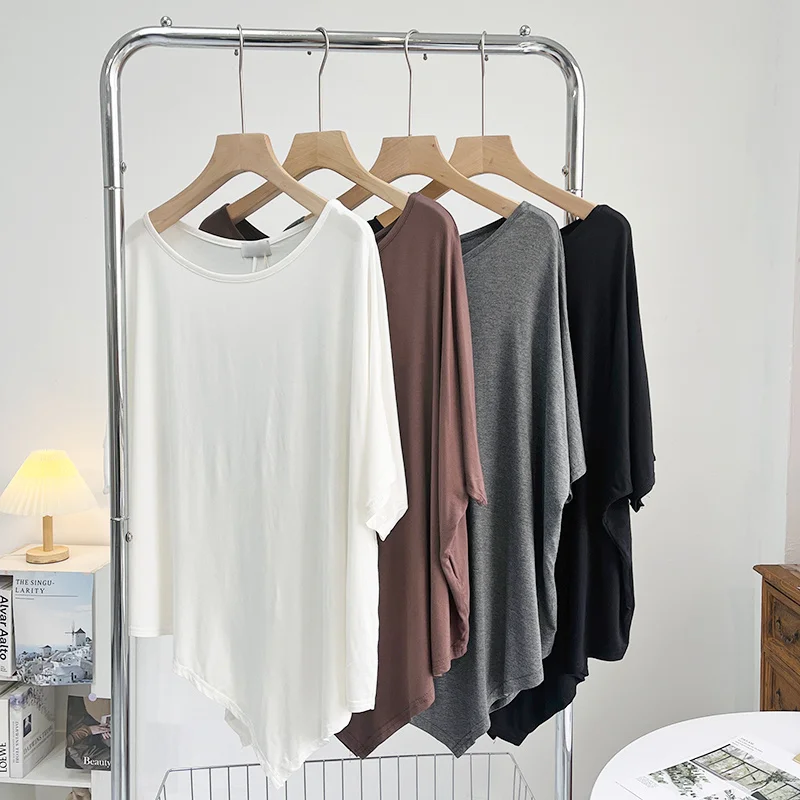 Loose Large Size Asymmetrical T-Shirt Women's 2026 New Elegant Design Big round Neck Batwing Sleeve Top Modal Casual Fashion