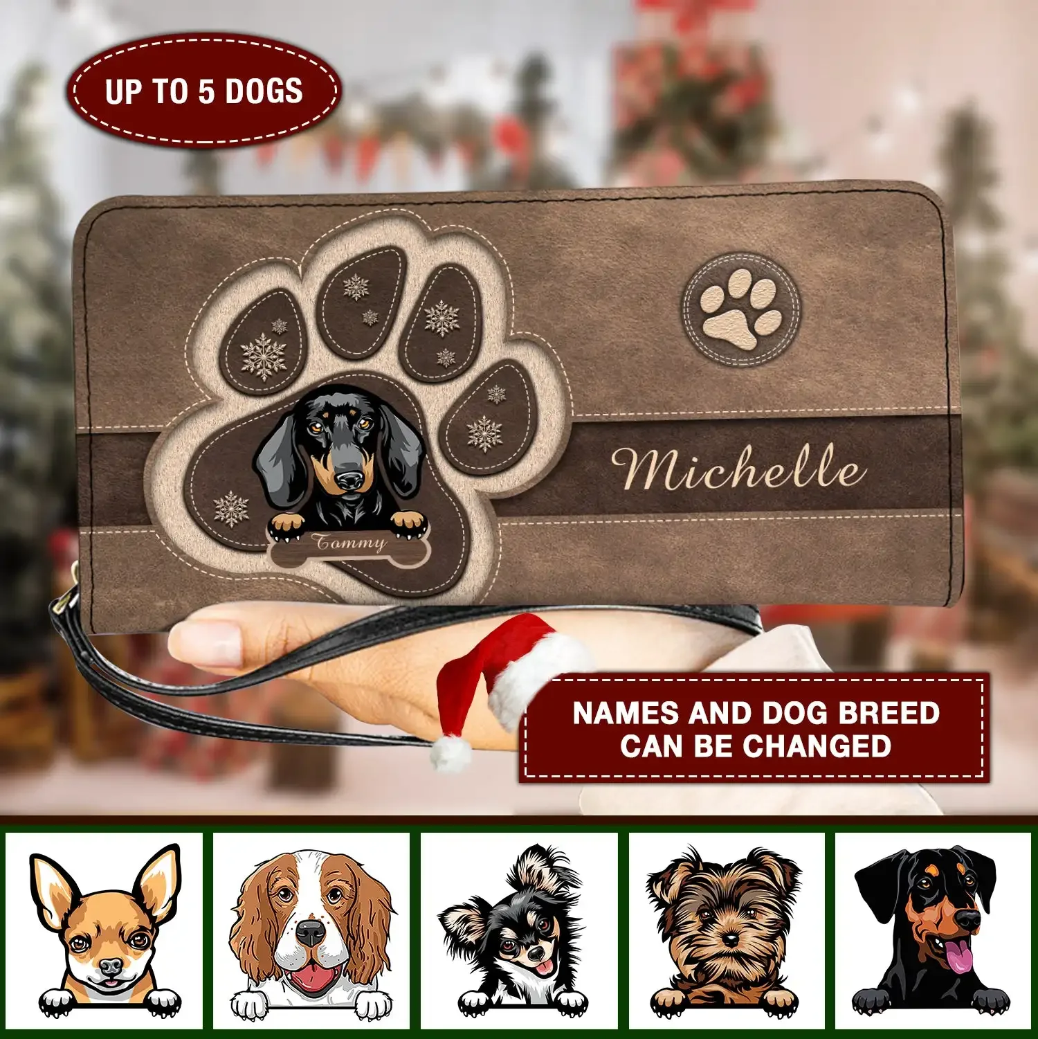 

Christmas Dog Paw Print Clutch With Long Strap Customized Dog Breed Card Holders for Women Pu Leather Money Purse Multifunction