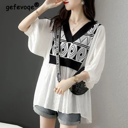 Women Fashion Argyle Knitted Patchwork Cotton Linen Blouse Casual Simple Oversize Irregular Shirt Female V Neck Half Sleeve Tops