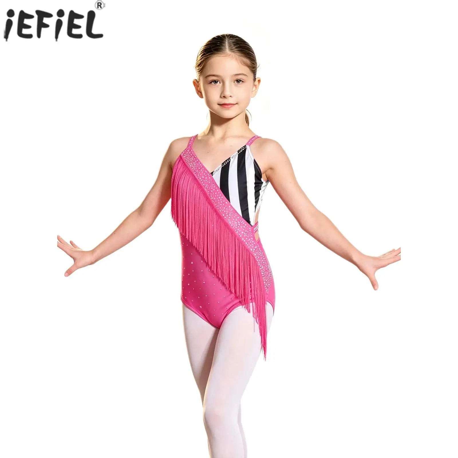 Kids Girls Latin Tango Dance Bodysuit Figure Skating Ballet Jersey Rhythmic Gymnastics Costume Shiny Rhinestone Tassel Leotard