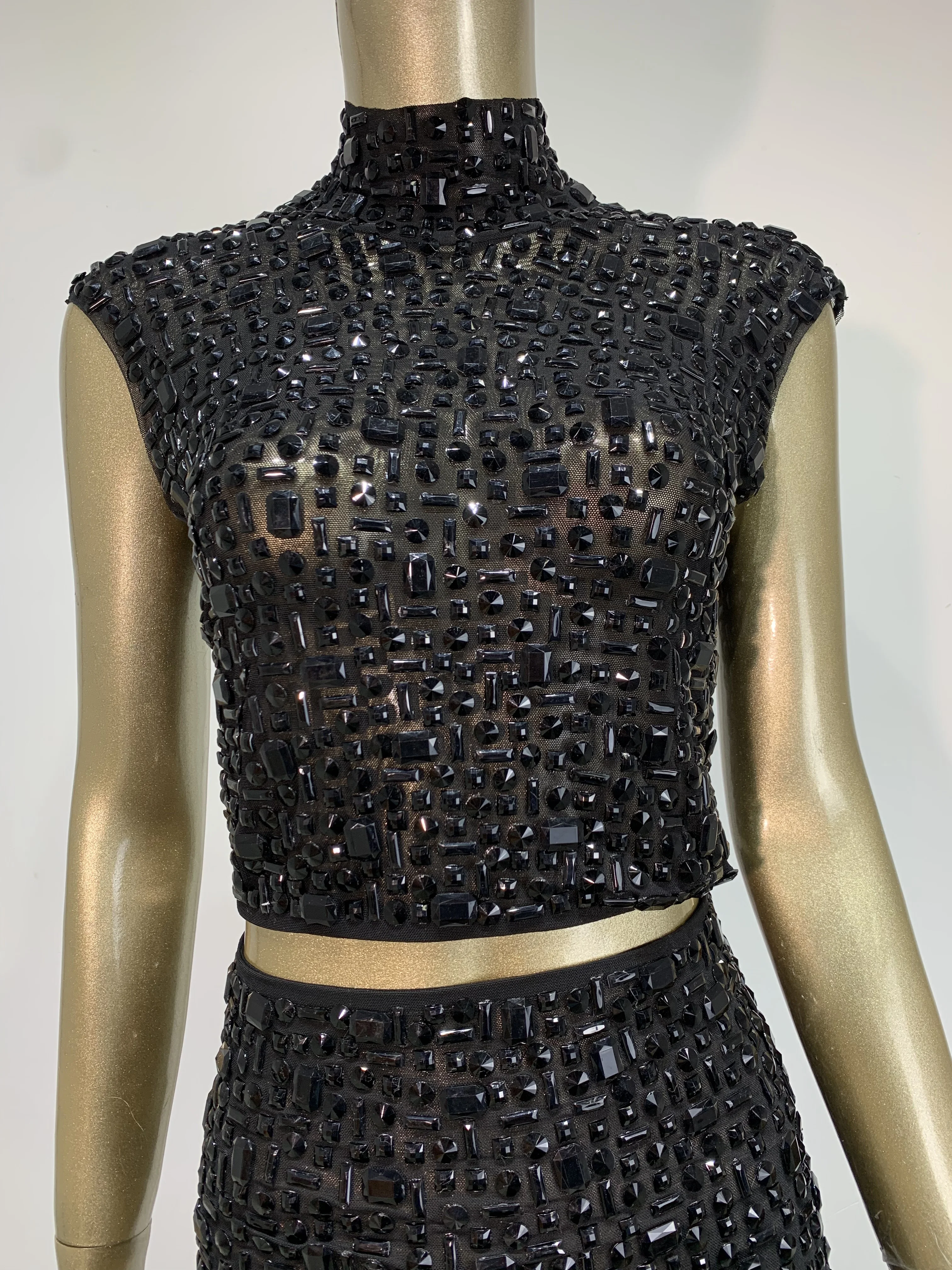 

Women Sexy Two Pieces Set Women Crystal Diamond Nightclub Skirt Suits Singer Dancer See Through Stage Performance Costume