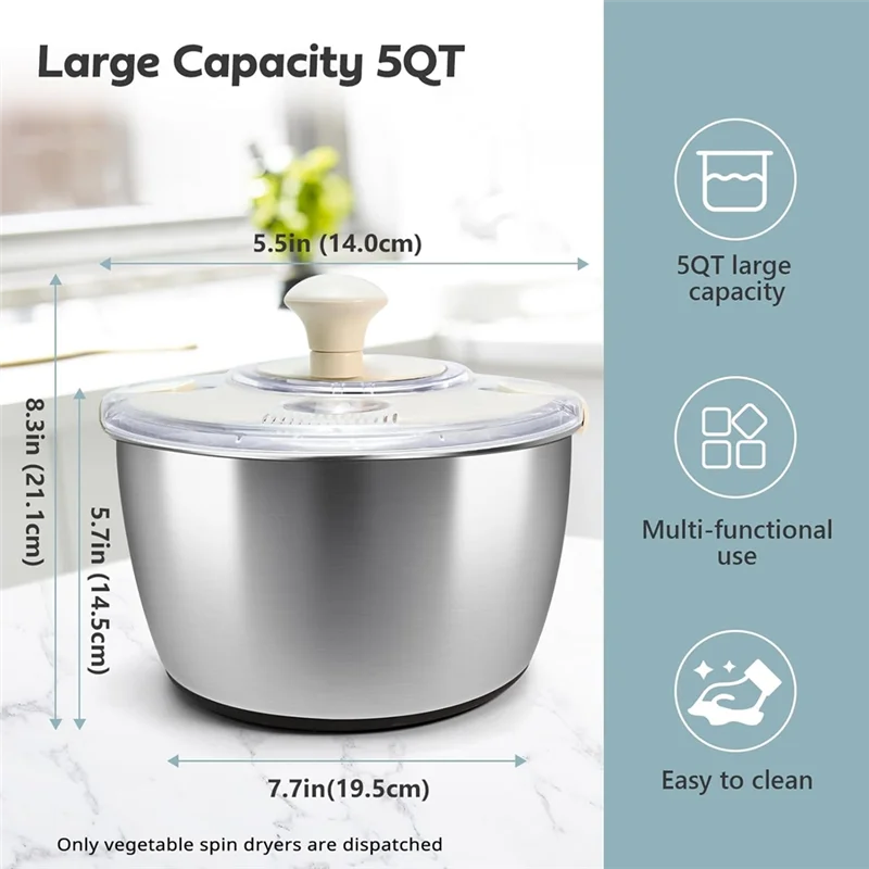ABKY-Stainless Steel Salad Lettuce Spinner مع غطاء، إطار تصريف الحوض قاعدة غير قابلة للانزلاق يدوية سريعة المدمجة