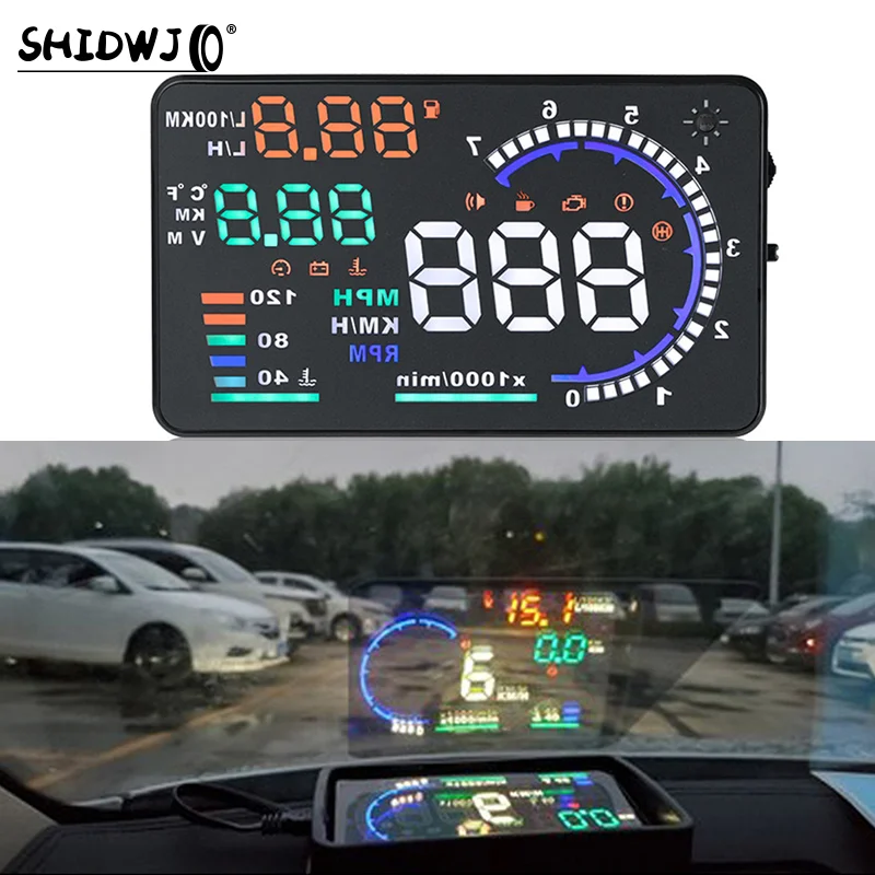 Car Speed HUD Speedometer Oil Consumption Water Temperature Head Up Display Battery Voltage OBD Windshield Projector Truck