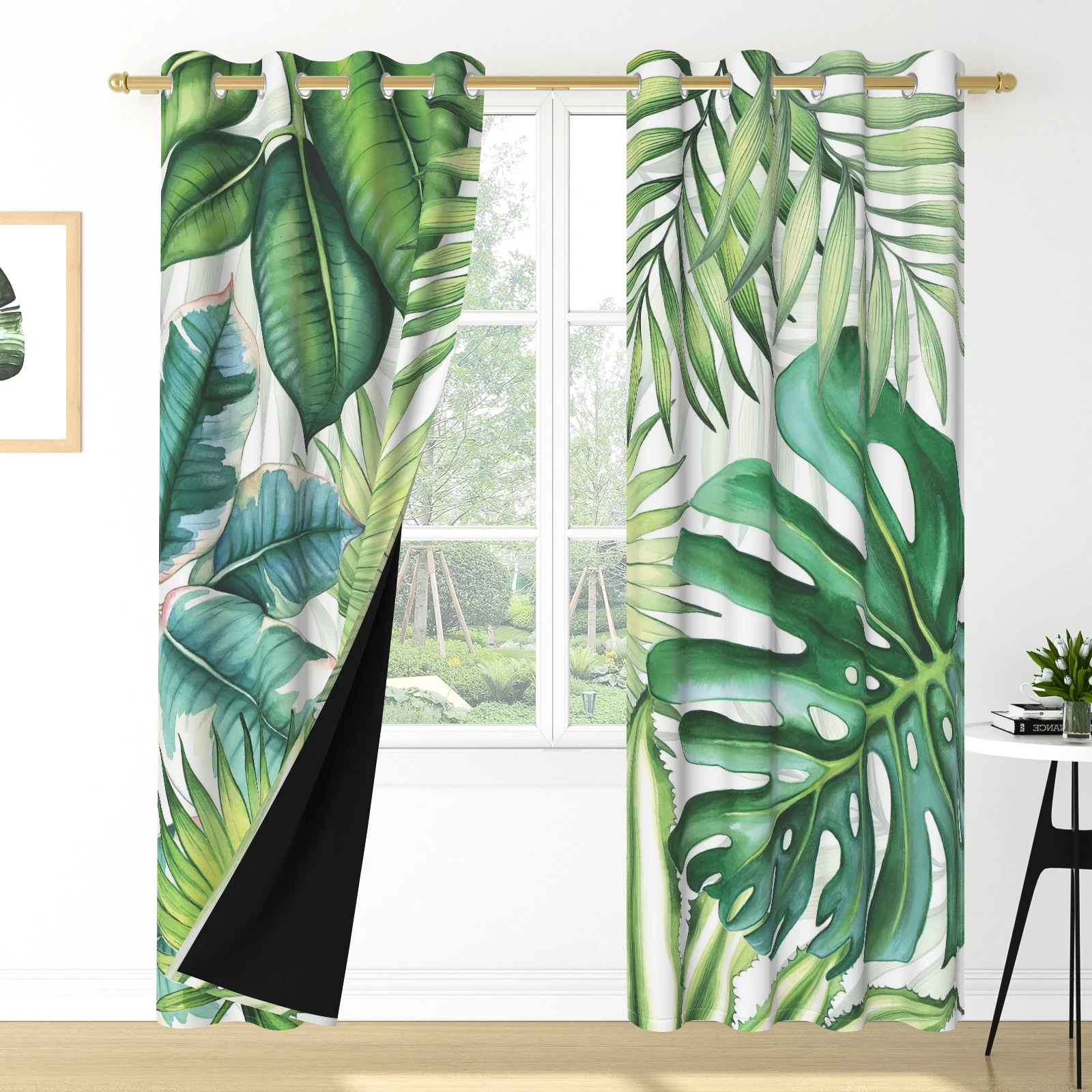 Watercolor Tropical Monstera Leaf Blackout Curtains 2 Panels, Grommet Green Palm Plant Drapes for Living Room Bedroom Home Decor