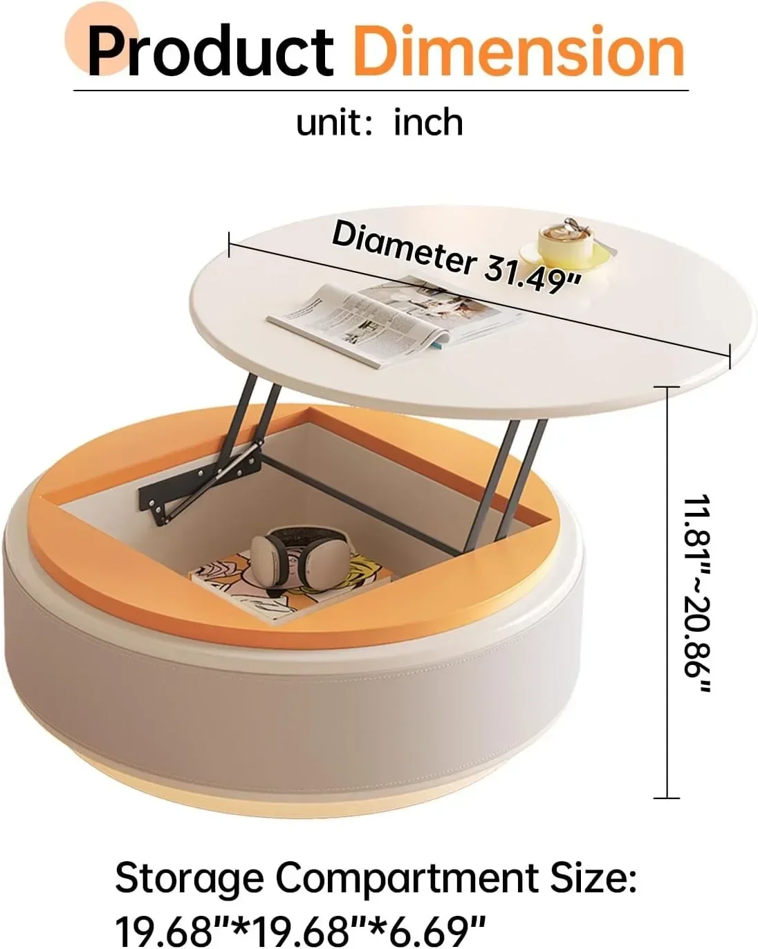 Lift Top Coffee Table with LED,Small Round Center Table for Dinner Room,Cute Side Table for Small Space for Living Room