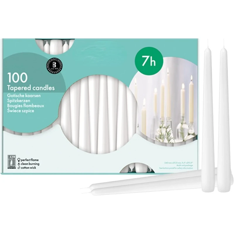 White Taper Candles 100 Count Bulk Pack - 10 Inch Dinner Candle Set 7+ Burn Hours Premium European Quality Smooth Flame