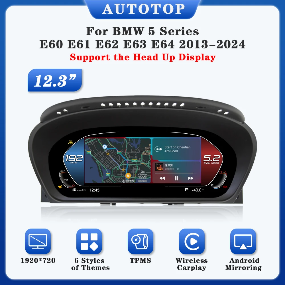 AUTOTOP 12.3 "1920*720 Linux Wireless Carplay LCD Cruscotto Strumento per BMW Serie 5 E60, Pannello Cluster Gauge HD, Tachimetro