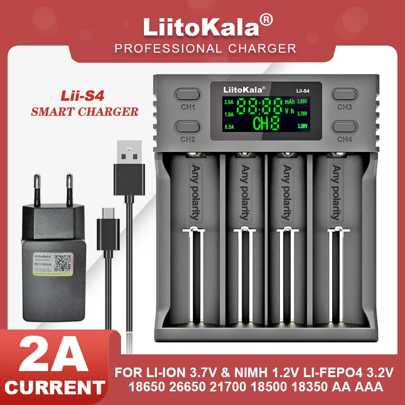 LiitoKala Lii-M4 Lii-S4 18650 LCD Display Smart Charger Test Capacity Suitable For 3.7V 26650 18350 21700 18500 1.2V AA AAA