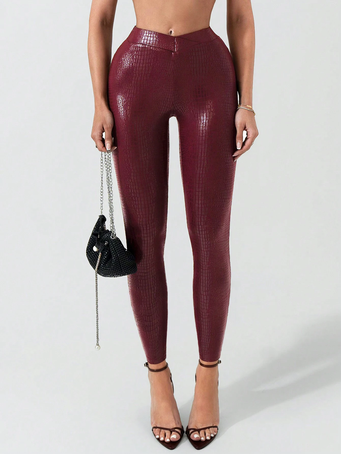 

Ladies' imitation crocodile leather leggings, fashionable and elegant leggings, crossed waist, high waist tight leggings 705