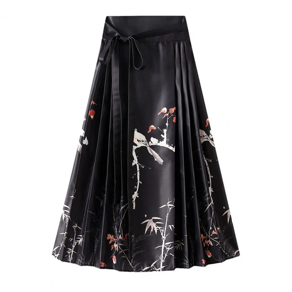 

Horse Face Pleated Maxi Skirt Elegant Vintage Chinese Style Women Maxi Skirt with Horse Face Print High Waist Pleated Lace-up