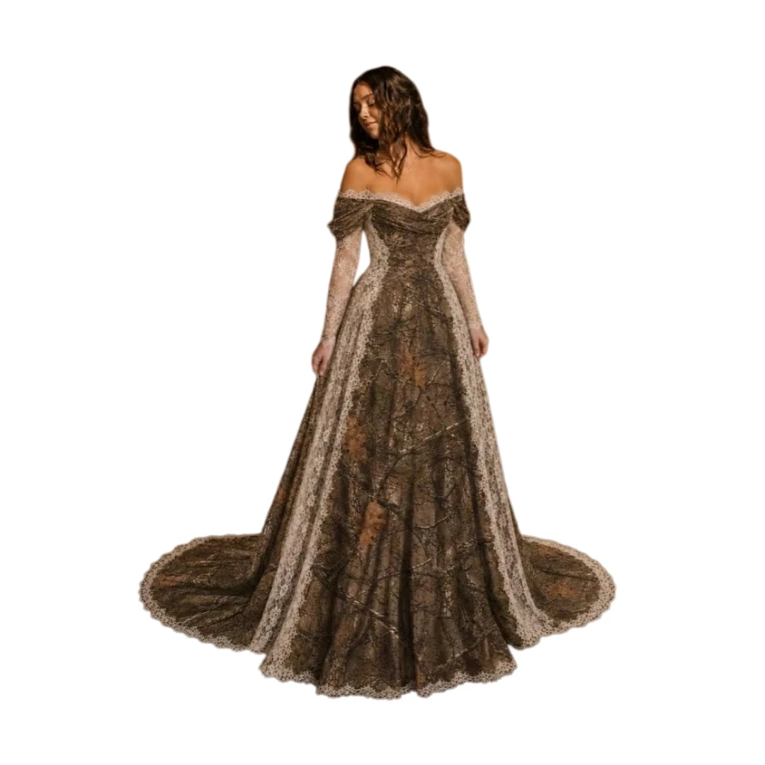 Camo Wedding Dress Off Shoulder Lace Long Sleeve Corset Back Long Train Rustic Farm Bridal Gown Customized