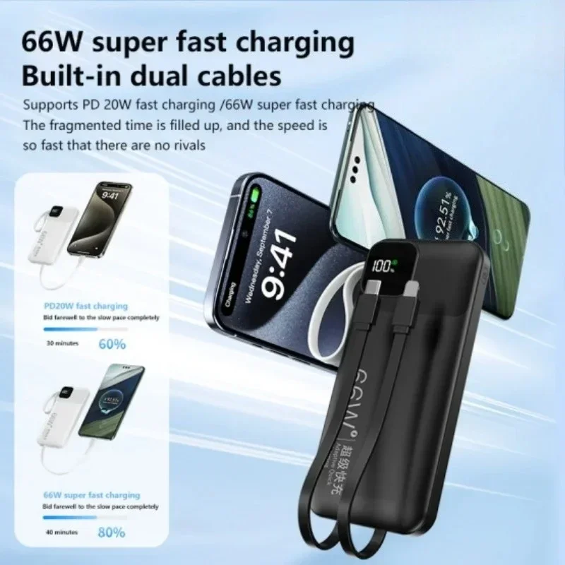 NEW 20000mAh 66W Portable Fast Charge External Battery High Capacity with Cable Power Bank for Iphone Xiaomi Backup Battery