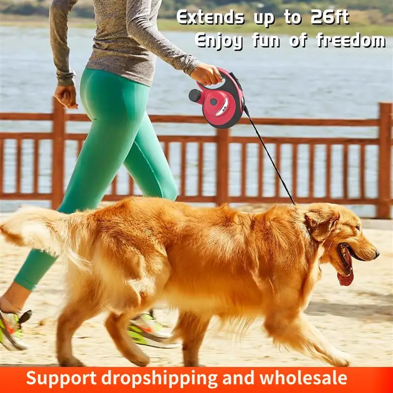 

AA86 Retractable Dog Leash With Waste Bag Dispenser And Flashlight, 26Ft Dog Leash For Small Medium Dog Up To 110Lbs