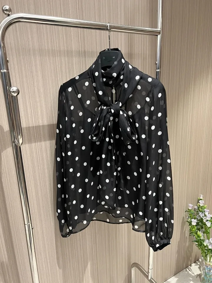 2024SS Summer Luxury Women High Quality Dots Prints 100% Silk Long Sleeve Shirt Blouse for Female