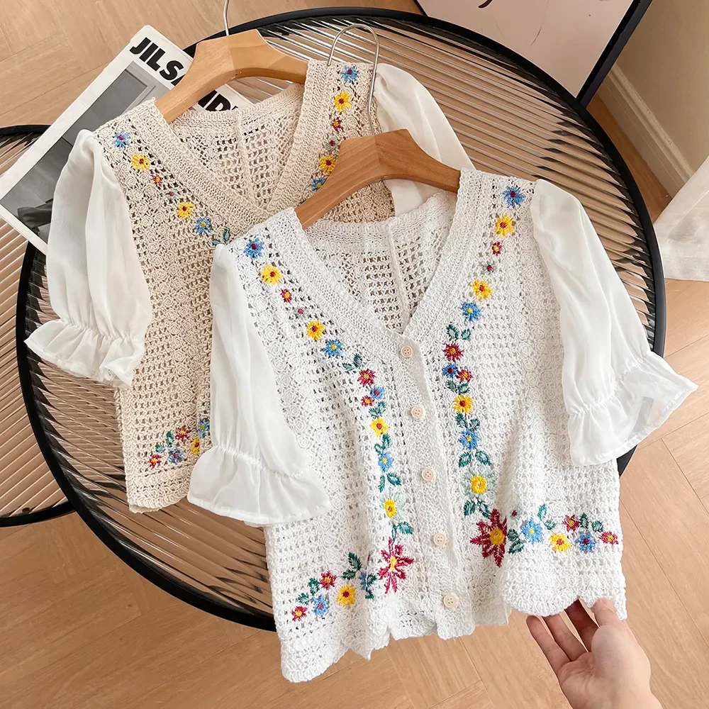 Korean Fashion Crochet Knit Top with Chiffon Sleeve V-neck Women Blouse Cardigan Floral Embroidery Ins Trend Vintage Top