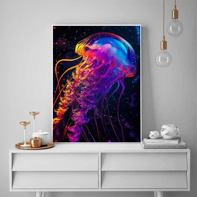 Abstract Glowing Jellyfish Deluxe Canvas Painting Prints Marine Animal Posters and Pictures Wall Art Living Room Home Decoration