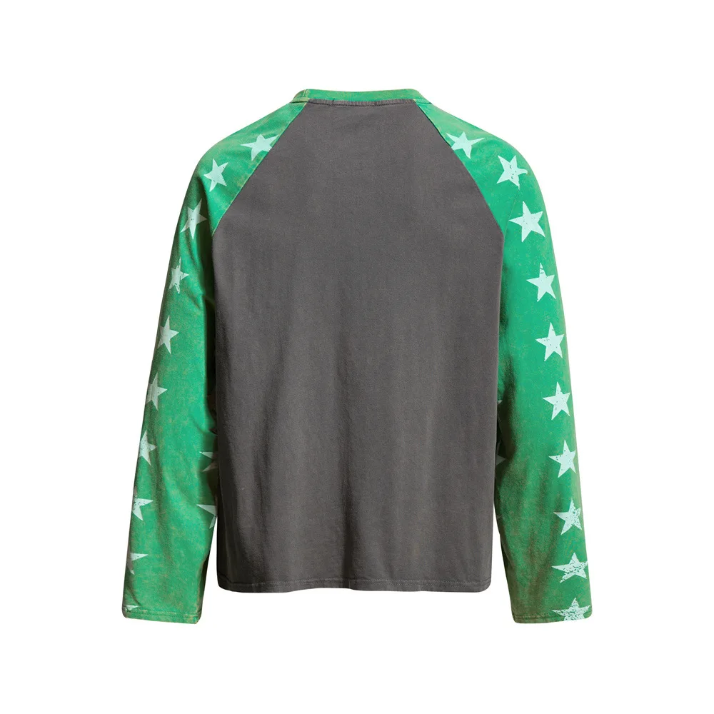 MWJLPWQ Color-Blocked Raglan Long-Sleeve T-Shirt Men Distressed Loose-Fit Casual Round-Neck Top Suitable For Spring Autumn 17660