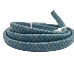 Aaazee 12mmx6mm Flat Braided Leather Strip 12mm Wide for Bracelet Making Leather Cord Distressed Blue