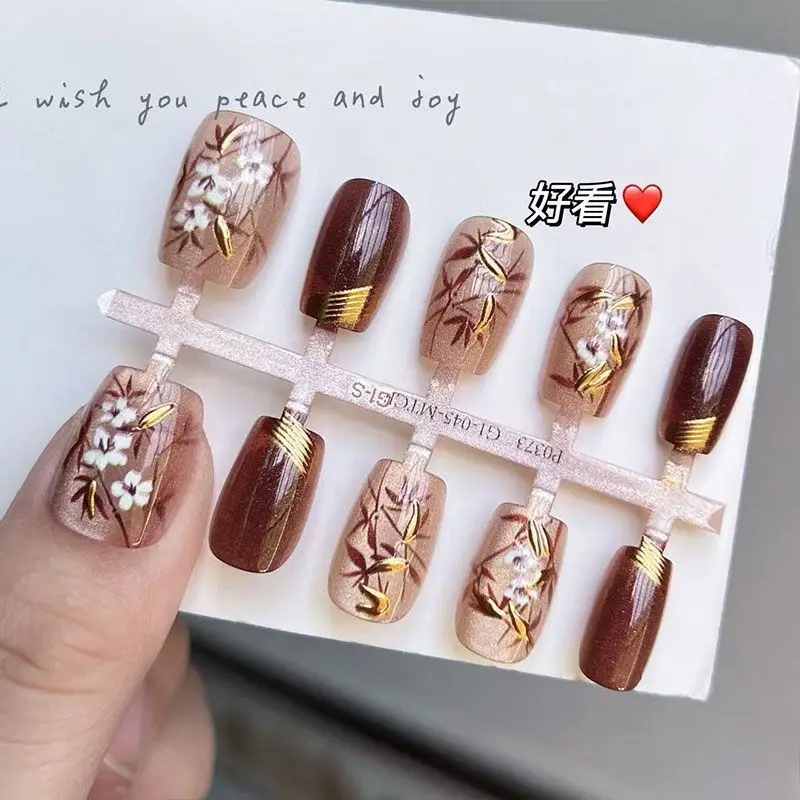 10 قطعة نمط الأوراق والزهور الأظافر وهمية عين القط انفصال Chinoiserie مسمار نصائح قابلة لإعادة الاستخدام البني قصيرة مربع الأظافر كاذبة