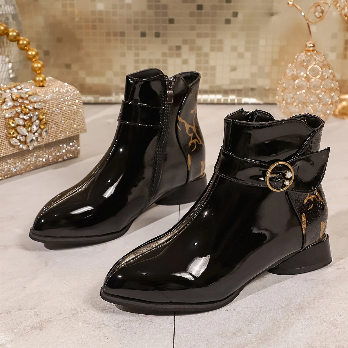

Fashion Pointed Toe Modern Boots Side Zipper Belt Buckle Women Shoes Low Heel Party Ankle Bootie Casual Plus Size High Heels New