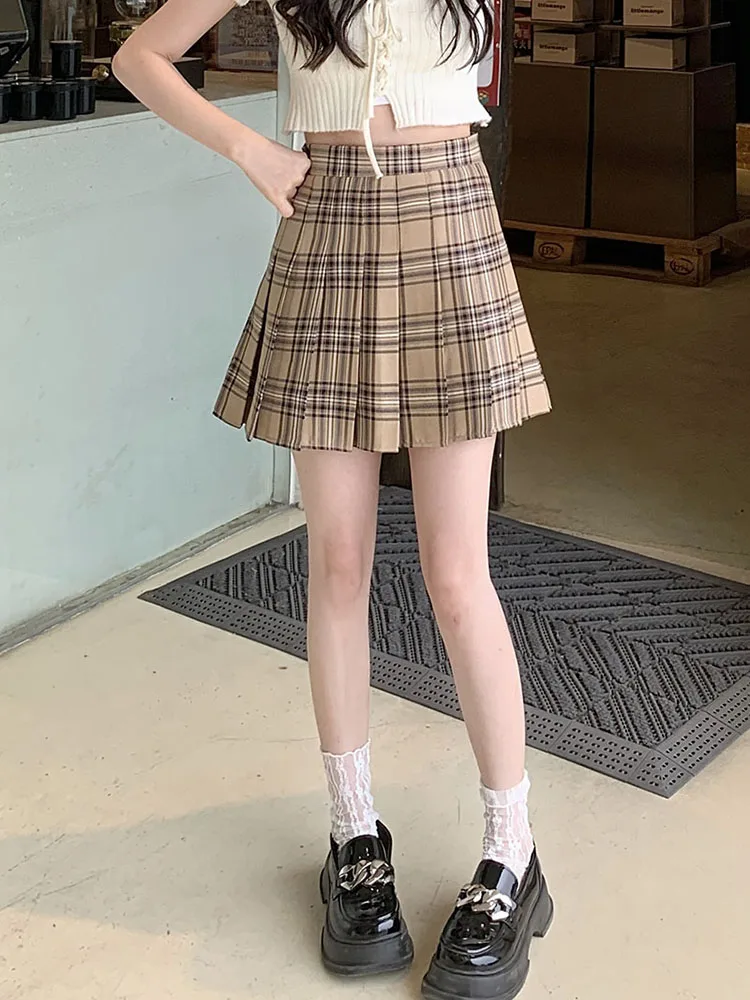 Women\'s Grey Plaid Pleated Skirt High Waisted A Line Short Saia School Clothes Korean Style Miniskirt Girls 2024 Summer Faldas