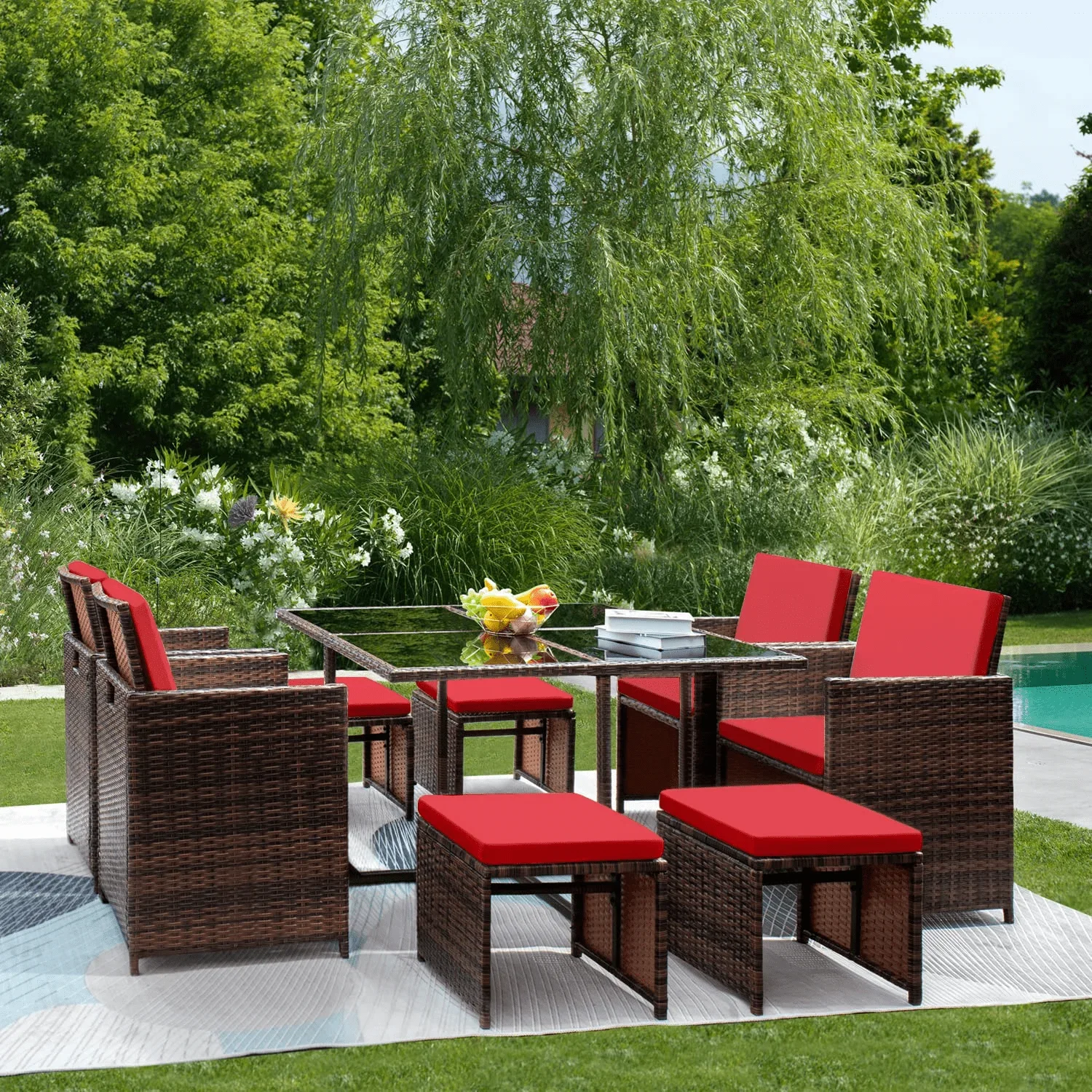 9 Pieces Patio Dining Sets Outdoor Wicker Rattan Chairs and Tempered Glass Table Sectional Conversation Set with Ottoman