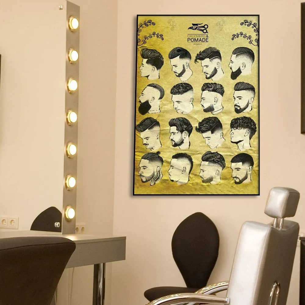 Mens Hairstyles Poster Vintage Wall Art Canvas Painting Print Black Golden Groomer Pomade Picture Barber Shop Room Decor Cuadros