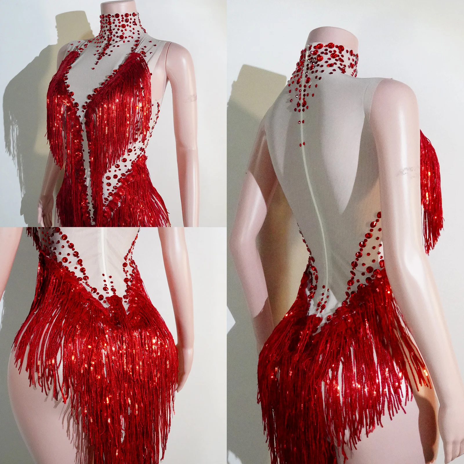

Сексуальный красный комбинезон со стразами и кисточками для женщин и взрослых, бар, клуб, певица, танцевальный купальник для выступлений на сцене, одиночные вечерние наряды
